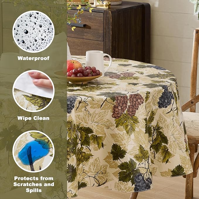 Newbridge 70 Inch Round Vinyl Tablecloth with Flannel Backing, Grapevine Print, Grape Theme Indoor Outdoor Waterproof Table Cover, Picnic, Barbeque, Patio and Kitchen Dining