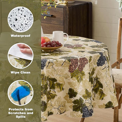 Newbridge 70 Inch Round Vinyl Tablecloth with Flannel Backing, Grapevine Print, Grape Theme Indoor Outdoor Waterproof Table Cover, Picnic, Barbeque, Patio and Kitchen Dining