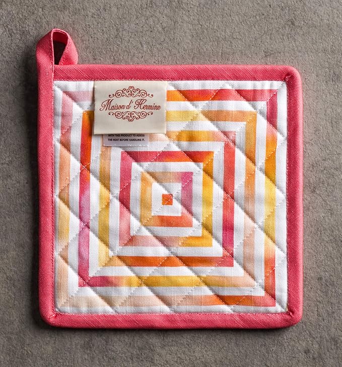 Maison d' Hermine Pot Holders 100% Cotton Heat Resistant Potholders 8" x 8" Hot Pads with Loop BBQ Cooking Baking Hotel Farmhouse Kitchen Handling Hot Pans Spring Summer (Pack of 1, Summer Maze)