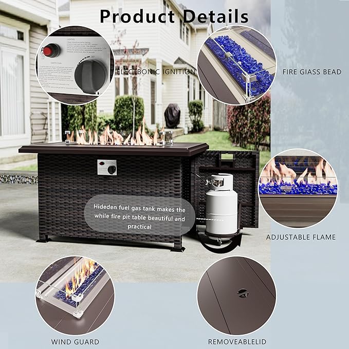 43" Propane Fire Pit Table 55,000 BTU, Gas Fire Pit with Glass Wind Guard and Metal Lid,CSA Certification Outdoor Fire Pit Auto-Ignition