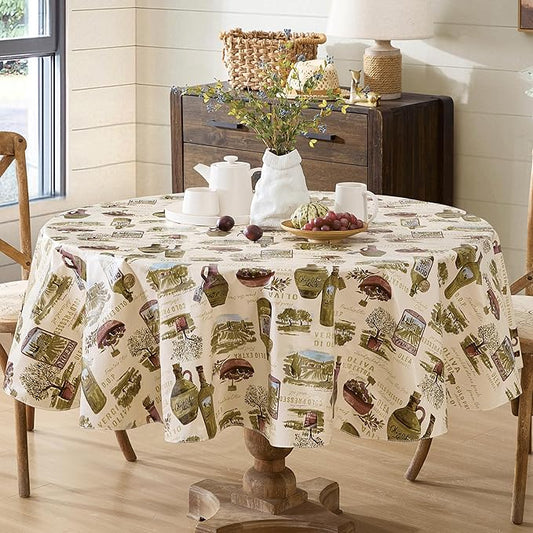 Newbridge 70 Inch Round Vinyl Tablecloth with Flannel Backing, Lucca Olive Oil Print, Indoor Outdoor Waterproof Table Cover, Picnic, Barbeque, Patio and Kitchen Dining, Tuscan Countryside