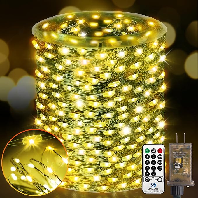 KNONEW 532FT 1600LED Green Wire Outdoor Fairy Lights Plug in Warm White | Timer,Memory,Dimmable,Remote,Waterproof,Green Wire,Invisible in Greenery,for Garden,Wedding,Party, Indoor/Outdoor, Christmas