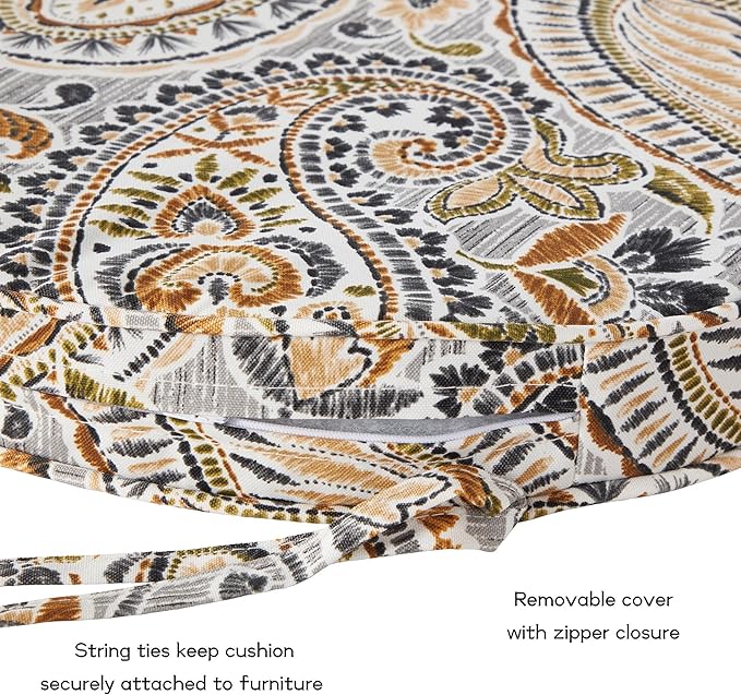 Set of 2 Outdoor 18 inch Round Patio Dining Chair Pads – Comfortable Fiber-Filled Seat Cushions with Ties, Reversible Polyester Fabric - Arctic Paisley