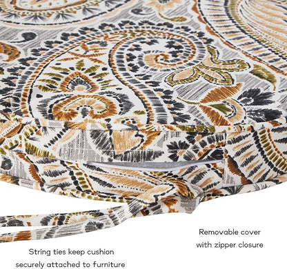 Set of 2 Outdoor 18 inch Round Patio Dining Chair Pads – Comfortable Fiber-Filled Seat Cushions with Ties, Reversible Polyester Fabric - Arctic Paisley