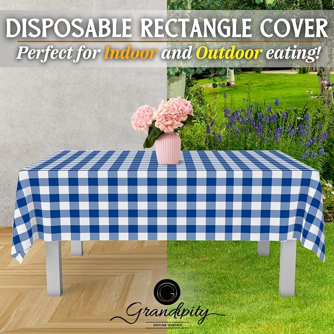 Grandipity 12 Pack Premium Disposable Plastic Picnic Tablecloth 54 Inch. x 108 Inch. Decorative Rectangle Table Cover - Blue Checkered Gingham
