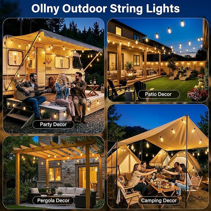 Ollny Outdoor String Lights 40FT, Bright Shatterproof Connectable Outside String Lights with 15 ST38 Vintage Edison Bulbs, 2200K Warm White Waterproof Patio Light for Yard Gazebo Porch Balcony