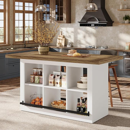 Tribesigns Kitchen Island with Storage, Farmhouse Island Bar, Brown&White | 62.6" Wooden Stationary Kitchen Storage Island Counter Height with 6 Open Cubbies and Footrests for Dining Room, Vintage