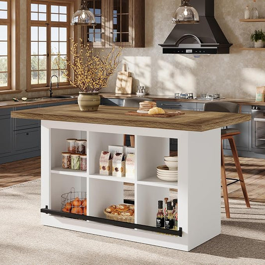 Tribesigns Kitchen Island with Storage, Farmhouse Island Bar, Brown&White | 62.6" Wooden Stationary Kitchen Storage Island Counter Height with 6 Open Cubbies and Footrests for Dining Room, Vintage