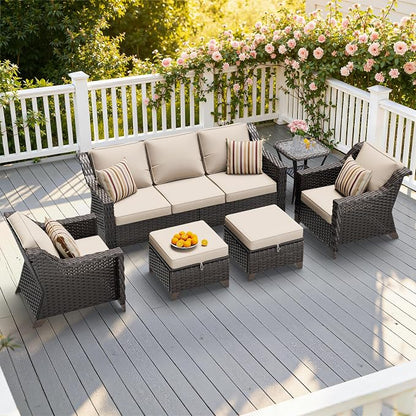 6 Piece Patio Furniture Set, Wicker Outdoor Conversation Set | Patio Chair Set with Olefin Removable Cushion, All-Weather Outdoor Couch with Deep Seat for Porch, Deck and Backyard, Beige