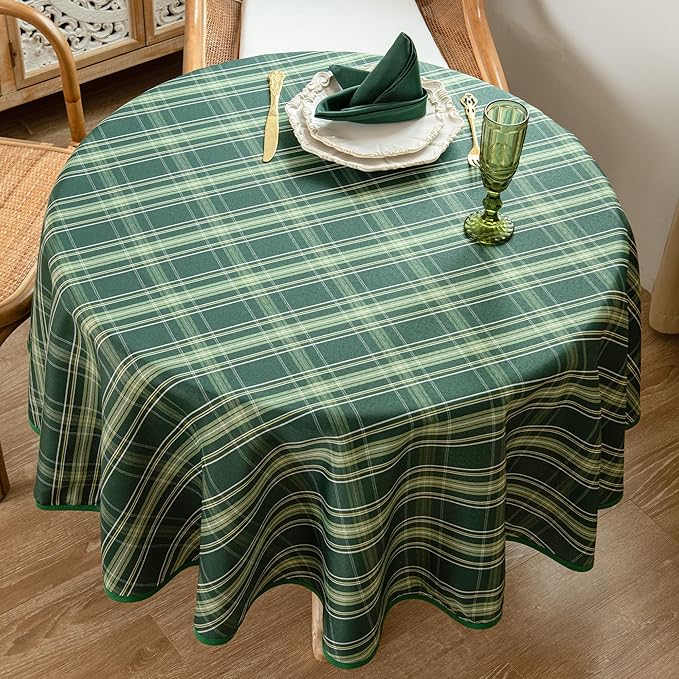 Christmas Green Plaid Waterproof Tablecloth – Classic Woven Check Design – Holiday Dining Table Cover for Xmas Parties, Stain-Resistant & Durable, 60" Round