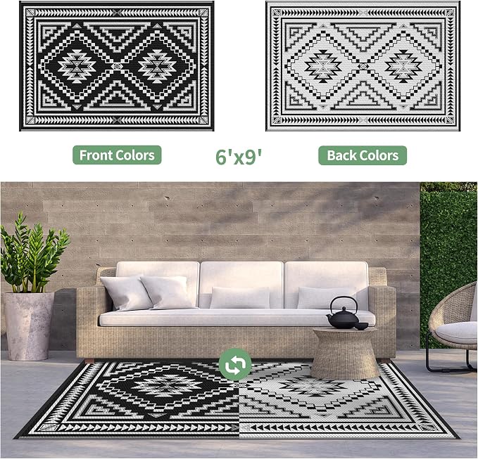 GENIMO Outdoor Rug, Waterproof Plastic Rugs for Patio, 6'x9' Shadow White | Outside Larger Modern Carpet Mat for Porch Decor, Deck, Balcony, Camping, RV, Backyard, Picnic, Beach, Reversible, Foldable