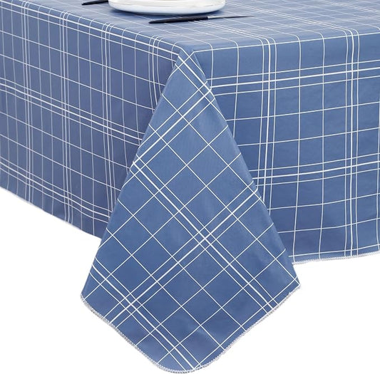 Walrus Heavy Duty Vinyl Tablecloth with Flannel Backing Waterproof Oil-Proof Plastic Table Cloth Stain-Resistant Wipeable Rectangle or Square Table Cover for Indoor and Outdoor (Blue Grid,60x84 Inch)