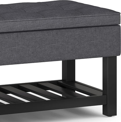 SIMPLIHOME Cosmopolitan Storage Ottoman Bench - 44 inch Wide Upholstered Linen Look Fabric Rectangle Storage Ottoman in Slate Grey, Transitional Bench for Bedroom with Tufted Lift-Top and Open Shelf