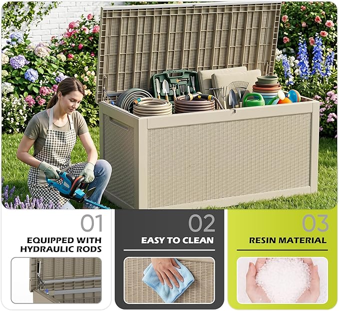 ROJIK 320 Gallon Deck Box Outdoor Waterproof,Weatherproof Outdoor Storage Boxes Lockable with Lid,Outside Resin Storage Bench for Patio Cushions,Garden Tools and Pool Accessories(Grey)