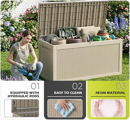 ROJIK 320 Gallon Deck Box Outdoor Waterproof,Weatherproof Outdoor Storage Boxes Lockable with Lid,Outside Resin Storage Bench for Patio Cushions,Garden Tools and Pool Accessories(Grey)