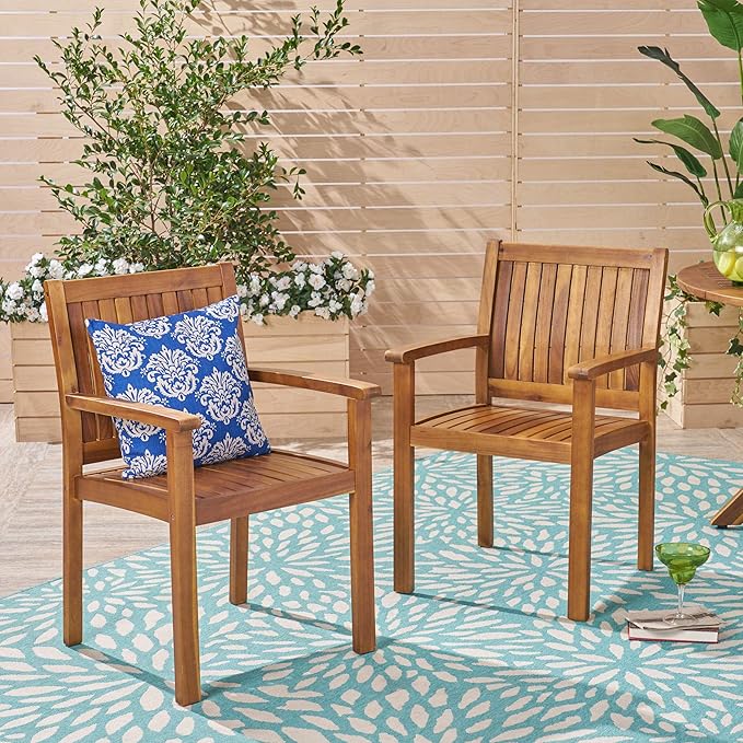 Christopher Knight Home 47" Round Acacia Wood Outdoor Dining Table and 2 Acacia Wood Outdoor Dining Chairs, Teak Finish