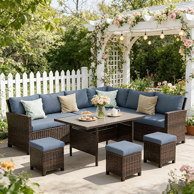 Wisteria Lane 7 Piece Patio Furniture Set, Patio Sectional for All Weather | High Curved Back Outdoor Furniture Dining Set, Wicker Patio Sofa, Patio Conversation Sets with Ottoman for Deck, Porch, Blue