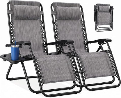 NEWBULIG Zero Gravity Chairs Set of 2, Lounge Chair Folding Portable Adjustable Camping Recliner with Adjustable Pollow, Mesh Back, Cup Holder Trays Lawn Patio Chair for Pool Beach