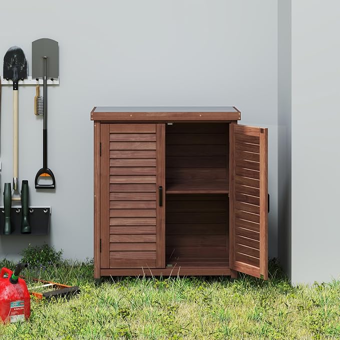 KEIKI Potting Bench with Storage Cabinet and Metal Table Top for Outdoor Patio Weatherproof Garden Workstation