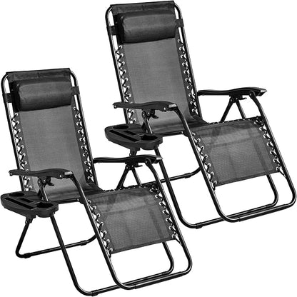 2-Pack Zero Gravity Lounge Chair Recliners - Adjustable Steel Frame with Removable Headrests & Cup/Phone/Tablet Trays - 330LBS Capacity - Black
