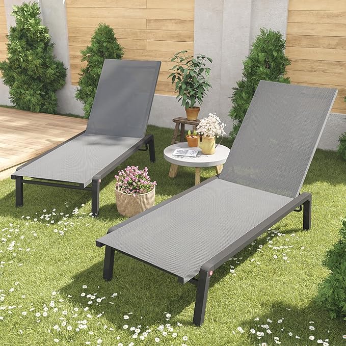 Patio Chaise Lounge Set of 2 with 4 Adjustable Backrest, Foldable Aluminum Chaise Lounge Chair Recliner for Outdoor, Poolside, Sun Tanning Grey