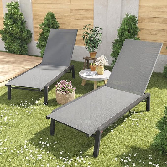 Patio Chaise Lounge Set of 2 with 4 Adjustable Backrest, Foldable Aluminum Chaise Lounge Chair Recliner for Outdoor, Poolside, Sun Tanning Grey