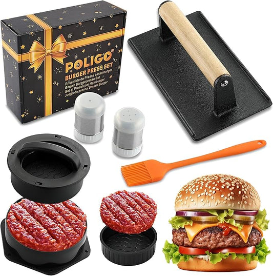 POLIGO 5PCS Smash Burger Press Kit - 4 in 1 Hamburger Patty Storage Containers, 7.68"X4.1" Cast Iron Smash Bacon Press - Non Stick Smash Burger Press Set for Grill and Griddle Cooking, Black Rectangle