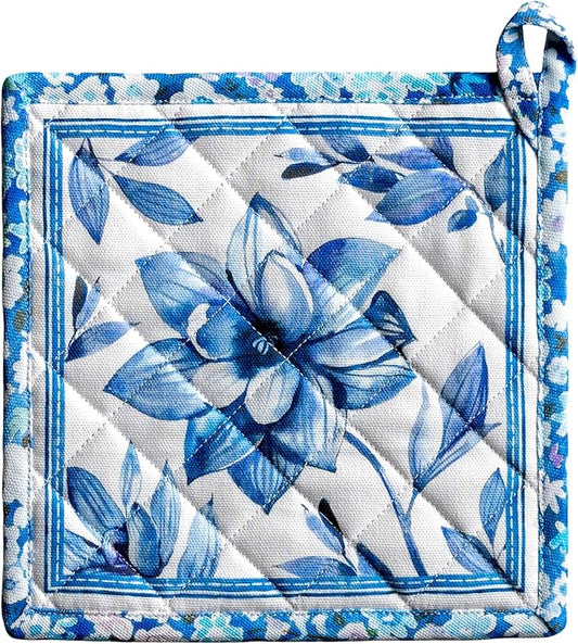 Maison d' Hermine Pot Holders 100% Cotton Heat Resistant Potholders 8" x 8" Hot Pads with Loop BBQ Cooking Baking Hotel Farmhouse Kitchen Handling Hot Pans Spring Summer (Pack of 1, Summer Blues)