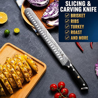 Brisket Knife Set for Meat Carving - 12" Slicing Knife + 6" Curved Boning Knife & Carving Fork for Effortless Meat Cutting, Full Tang & Ergonomic - Razor Sharp German Steel, BBQ Grilling Gifts for Men