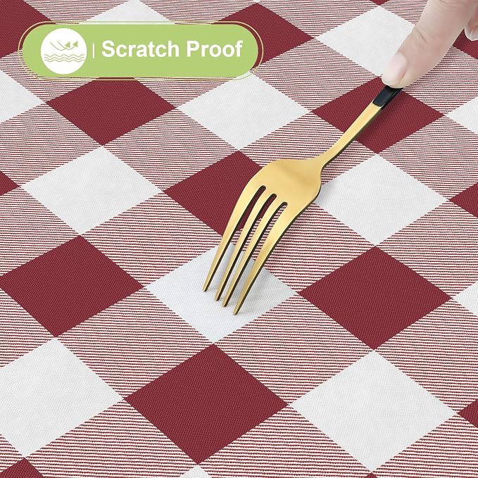 Smiry Picnic Table Cloth, Vinyl Tablecloths with Flannel Backing, 70" Round | Waterproof Picnic Table Cloth, Wipeable Buffalo Plaid Table Cover for Indoor and Outdoor (Burgundy & White)