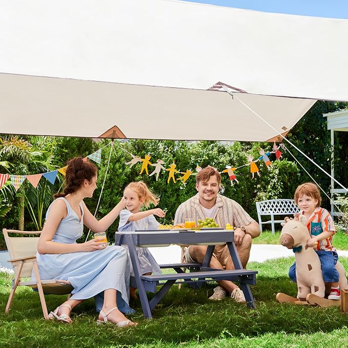 3-in-1 Kids Picnic Table, Play Sand and Water Sensory Table with Height Adjustable Umbrella & Removable Tabletop, Kids Wooden Outdoor Table, with 3 Storage Bins, Upgraded