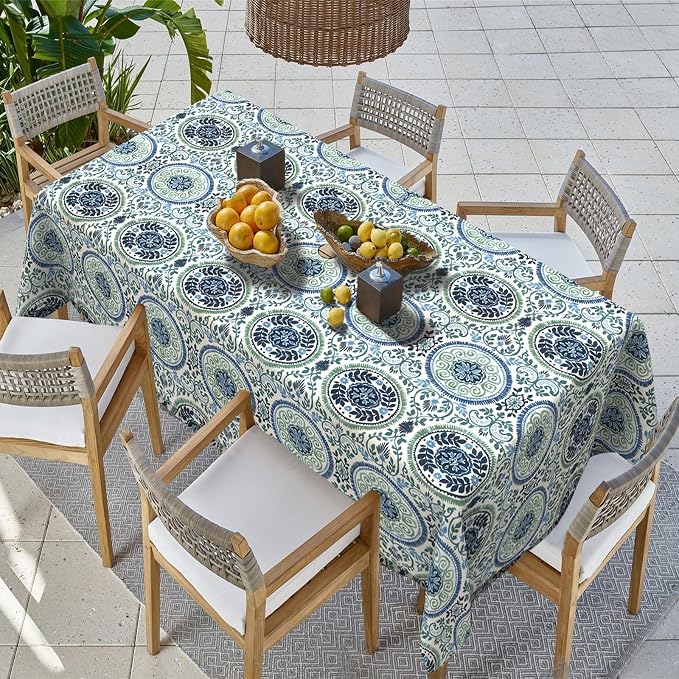 Outdoor Rectangle Tablecloth, 60×84 Inch Water Repellent Picnic Table Cover with Umbrella Hole Zipper for Patio Family Meal, Celadon Wreath