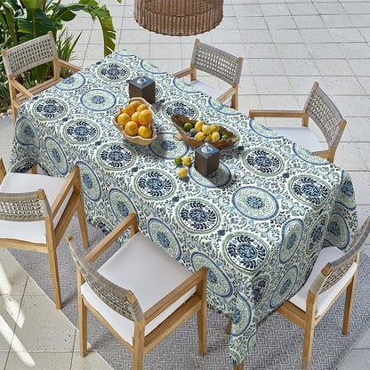 Outdoor Rectangle Tablecloth, 60×84 Inch Water Repellent Picnic Table Cover with Umbrella Hole Zipper for Patio Family Meal, Celadon Wreath