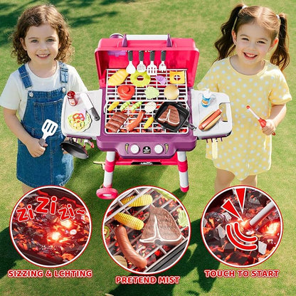 2-Tier Kids BBQ Grill Playset, Toy Grill for Kids, Outdoor Play Food | For toddlers ages 3-5, includes 35 grill accessories, play food & utensils for outdoor pretend BBQ cookout playset fun