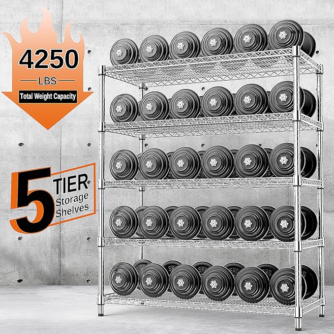 IZEUK 4250 LBS Garage Shelving Wide Storage Shelves 5 Tier Metal Shelves Heavy Duty Adjustable Utility Shelf Rack Chrome 17.7" D x 47.2" W x 70.4" H