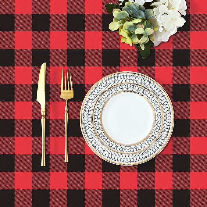 Buffalo Rectangle Picnic Tablecloth, 8 Foot Elastic Fitted Vinyl Table Cloth with Flannel Backing, Waterproof Plaid Table Covers for Dining, Camping, Outdoor (Black and Red, 30" x 96")