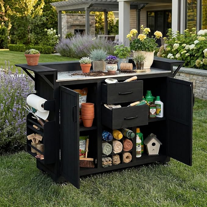 60.2-inch Mobile Outdoor Kitchen Island, Wooden BBQ Table with Stainless Steel countertop, Mobile BBQ Trolley with Storage Cabinet, 2 Storage compartments, Wine Rack and Spice Rack
