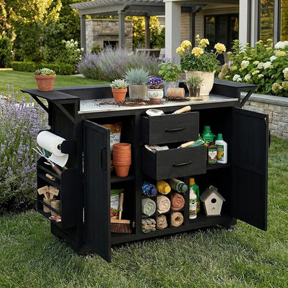 60.2-inch Mobile Outdoor Kitchen Island, Wooden BBQ Table with Stainless Steel countertop, Mobile BBQ Trolley with Storage Cabinet, 2 Storage compartments, Wine Rack and Spice Rack