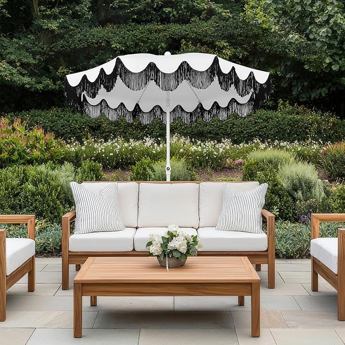 JONATHAN Y Mariner 6.5 ft. Solid Fringe Beach Umbrella, White/Black | Push-Button Tilt, UV 50 Protection, Matching Carry Bag, Iron Pole, Wind Vent, Scalloped Round Canopy