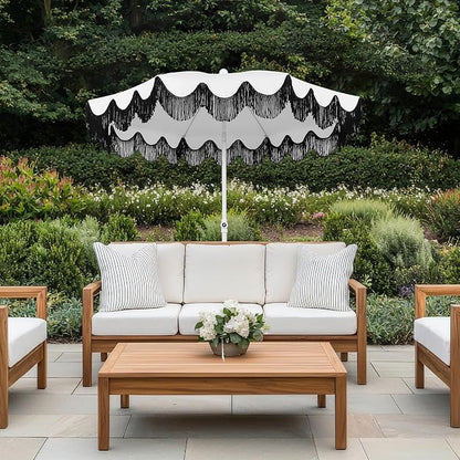 JONATHAN Y Mariner 6.5 ft. Solid Fringe Beach Umbrella, White/Black | Push-Button Tilt, UV 50 Protection, Matching Carry Bag, Iron Pole, Wind Vent, Scalloped Round Canopy