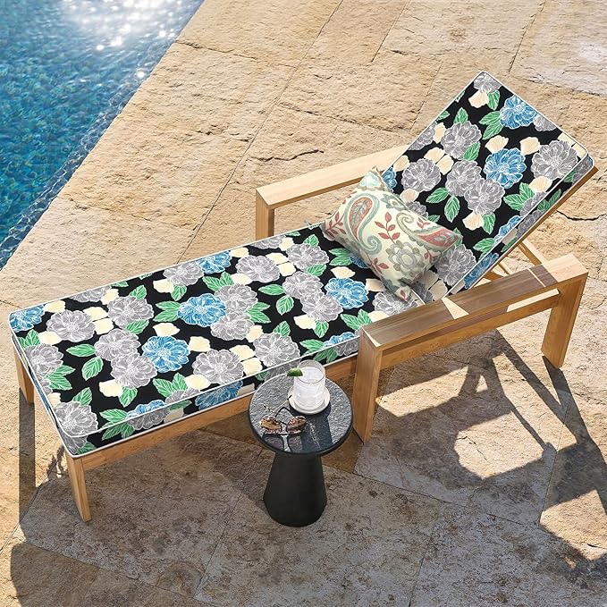 LVTXIII Outdoor Chaise Lounge Cushion 72x21x3 Inch, Water-Repellent Patio Seat Cushion with Ties & Hidden Zipper, Thick Foam Pad for Lawn Chair, Poolside, Patio Furniture, Sketch Peony