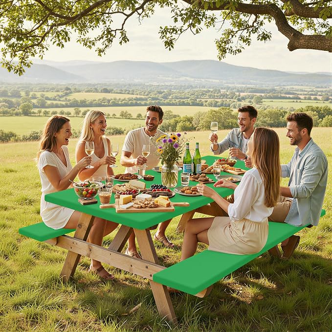 Smiry Picnic Table Cover with Bench Covers, Waterproof Elastic Fitted Polyester Tablecloths for 8 Ft Rectangle Tables, Washable Windproof Tablecloth for Camping, RV & Outdoor (Green, 30x96 Inches)