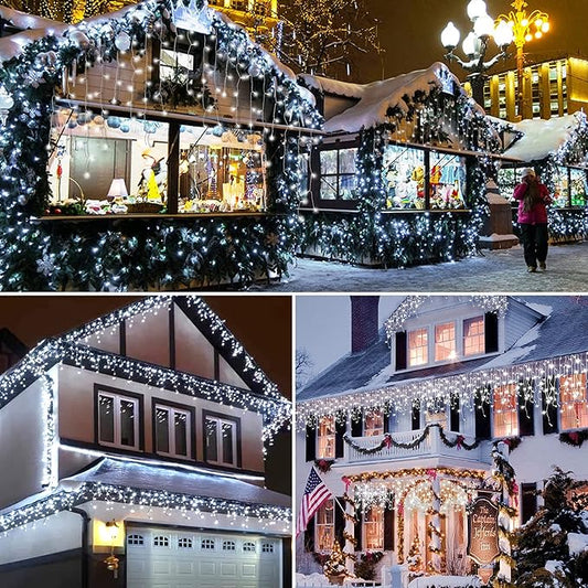 300 LED Solar Icicle Lights Outdoor with Remote Control, 33ft 8 Modes Curtain String Lights with 50 Drops, Christmas Holiday Wedding Party Decorations, White