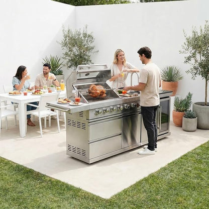 84" Outdoor Kitchen Island with 5-Burner 75,300 BTU Gas Grill,Rotisserie Oven,Mini Wine Fridge,Side Burner,Sink & Side Shelf.Included Natural Gas Converter,Movable BBQ Island for Patio & Backyard.