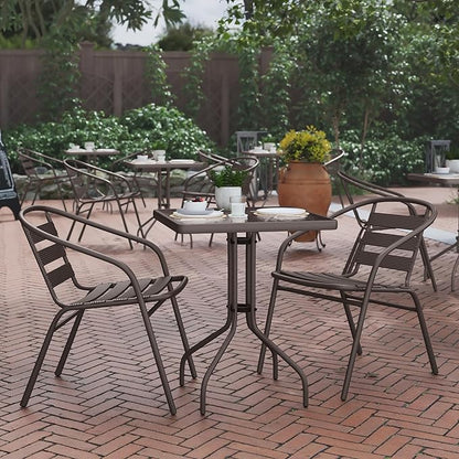 Flash Furniture TLH-0731SQ-017CBZ2-GG Lila 23.5'' Square Glass Table with 2 Metal Aluminum Slat Stack Chairs, Bronze