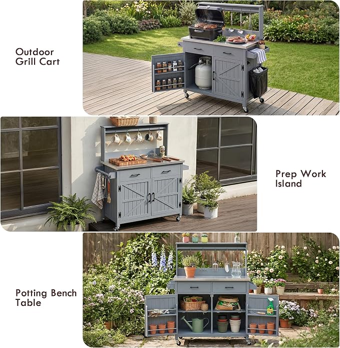 Outdoor Kitchen Island with Stainless Steel Top, 54.1 Inch | Solid fir wood frame, 201 stainless steel surface, high shelf, 10 hooks, side racks, lockable wheels, for BBQ, patio, garden