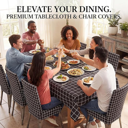 7 Pcs Black Grid Tablecloth and Chair Covers Set 60 x 84 Inch Waterproof Stain Resistant Rectangular Table Cover with Stretchable Removable Chair Slipcovers for Dining Room Patio Summer Party