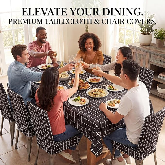 7 Pcs Black Grid Tablecloth and Chair Covers Set 60 x 84 Inch Waterproof Stain Resistant Rectangular Table Cover with Stretchable Removable Chair Slipcovers for Dining Room Patio Summer Party