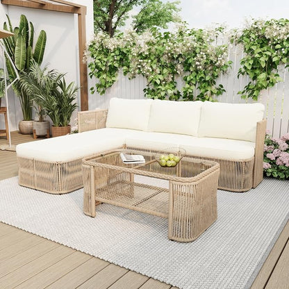 VilroCaz Outdoor PE Rattan Patio Furniture Sectional Sofa Set with Iron Frame, All-Weather Beige Wicker Conversation Set with Thick Cushions and Coffee Table for Garden Backyard Balcony