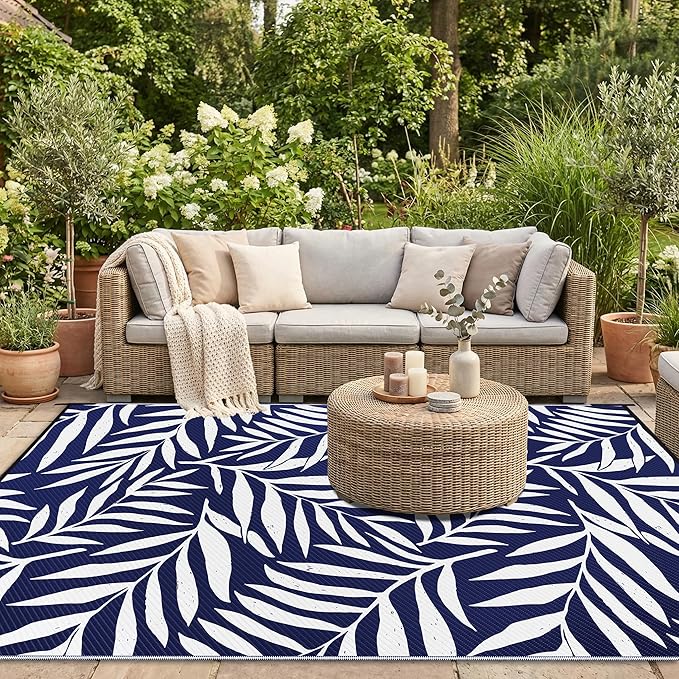 Smiry Outdoor Rug 6x9 ft Waterproof Reversible Leaf Mat, Navy & White | Polypropylene Plastic Straw, Quick Drying, Lightweight Foldable, for Patio, Deck, RV Camping, Backyard and Indoor Outdoor Use